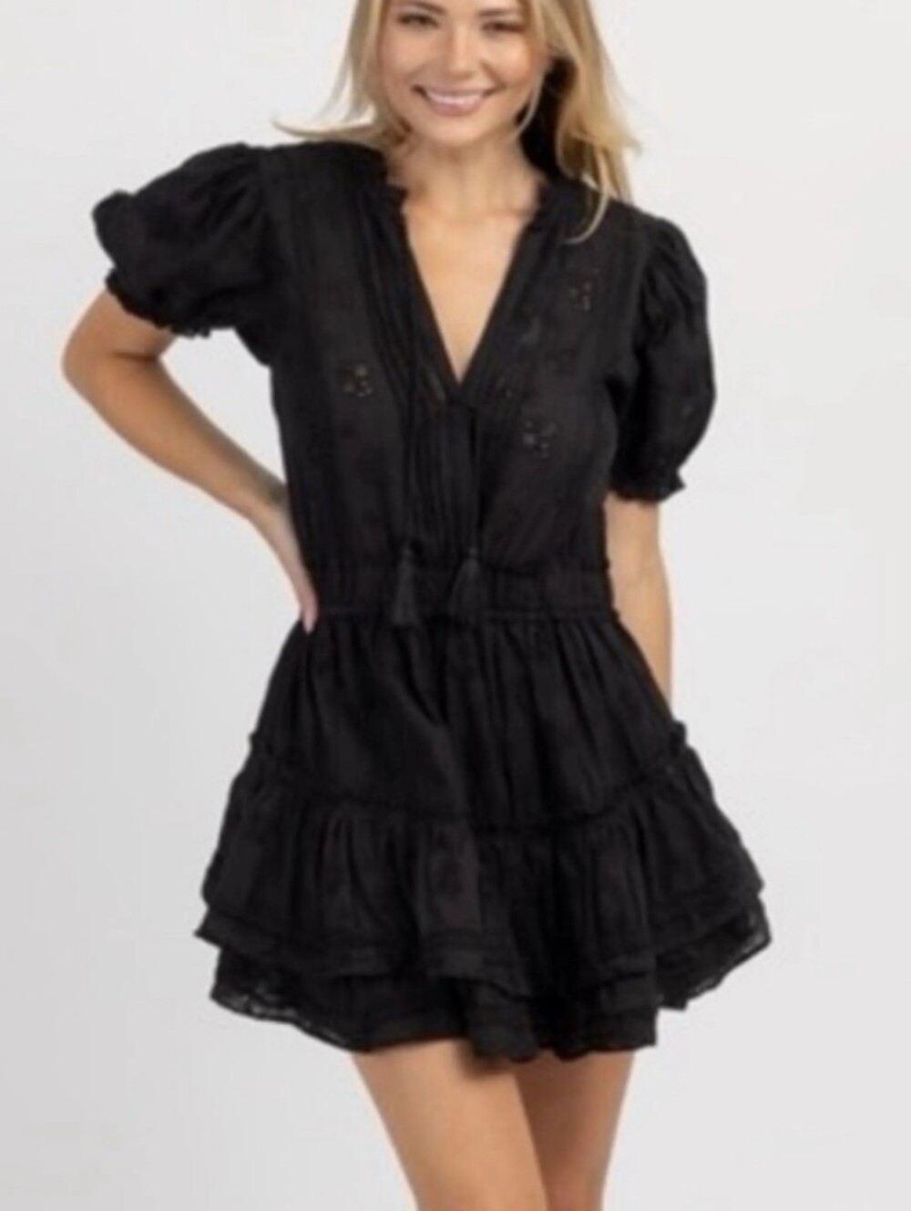 Aritzia Sunday Best Brier Eyelet Black Mini Dress Ruffle Short Puff Sleeve SMALL